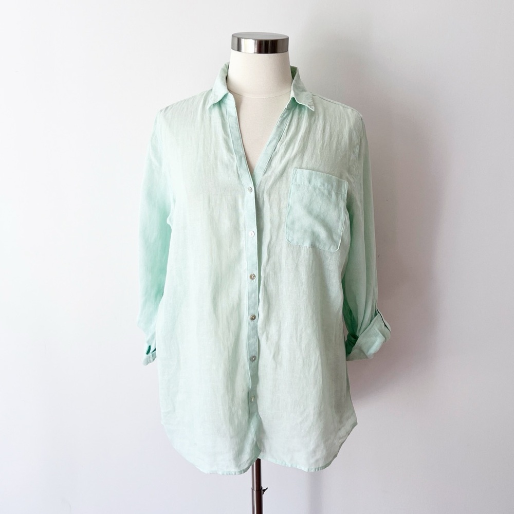 Sigrid‎ Olsen 100% Linen Shirt in Pale Blue Mint, Button Up Relaxed Fit Summer